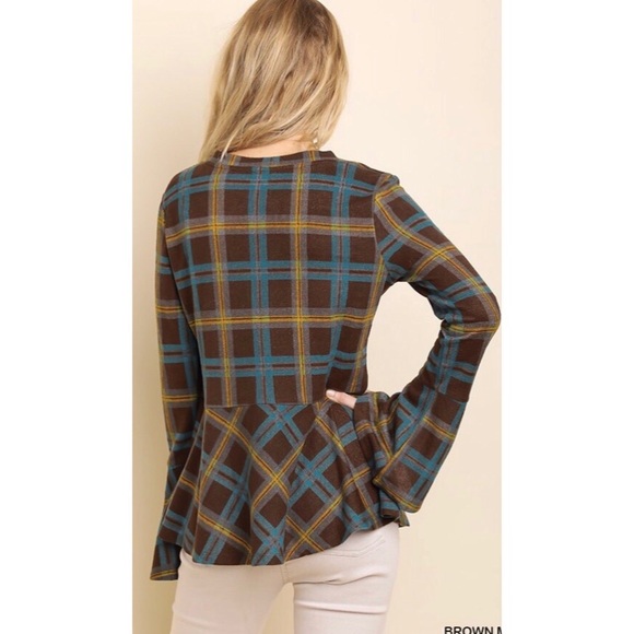 Plaid Long Trumpet Sleeve Top with a Ruffled Hem - Picture 4 of 5